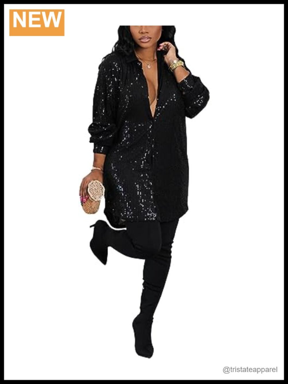 Sequin Collared V Neck Button Down Long Sleeve Oversized Blouse Sparkle Glitter